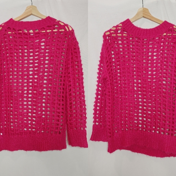 Urban Outfitters Sweaters - Urban Outfitters Open Knit Sweater Hot Pink Crew Neck Long Sleeve Oversized XS